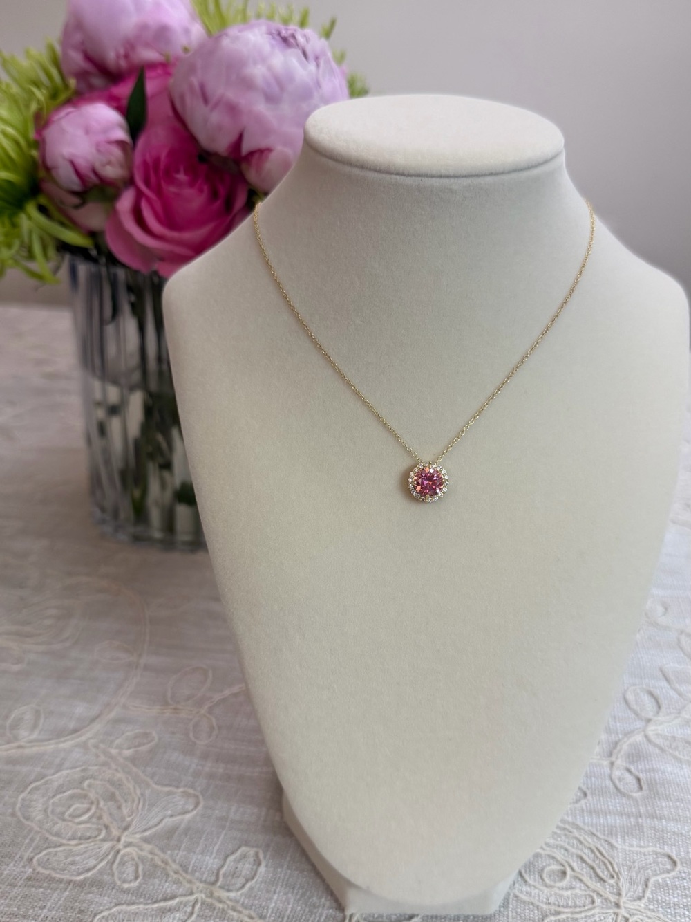 Gold Necklace with Pink Halo Pendant